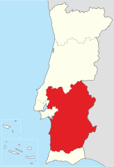 Map showing the Alentejo region of Portugal.