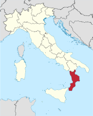 Map showing the Calabria region of Italy.