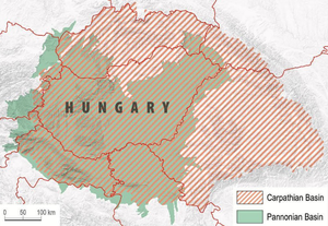 Map showing Hungary in the Carpathian/Pannonian Basins