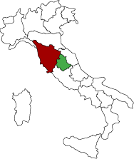 Map showing the Tuscany and Umbria regions of Italy